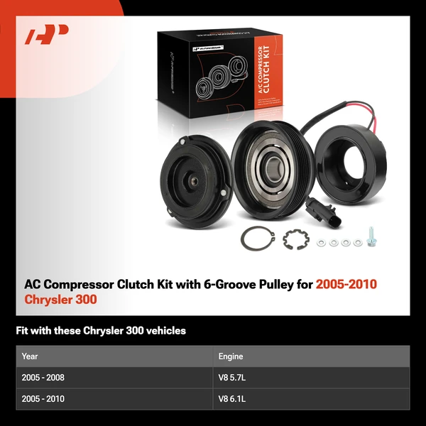 AC Compressor Clutch Kit with 6-Groove Pulley for 2005-2010 Chrysler 300