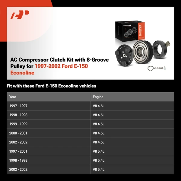 AC Compressor Clutch Kit with 8-Groove Pulley for 1997-2002 Ford E-150 Econoline