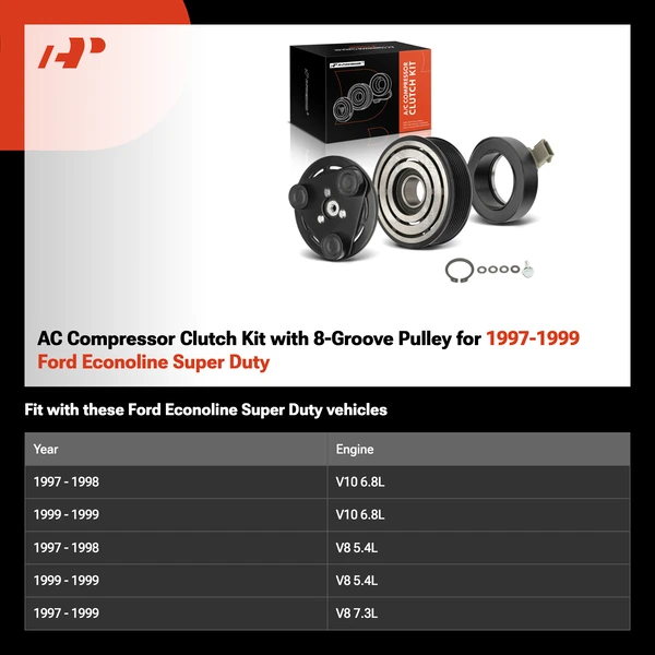 AC Compressor Clutch Kit with 8-Groove Pulley for 1997-1999 Ford Econoline Super Duty
