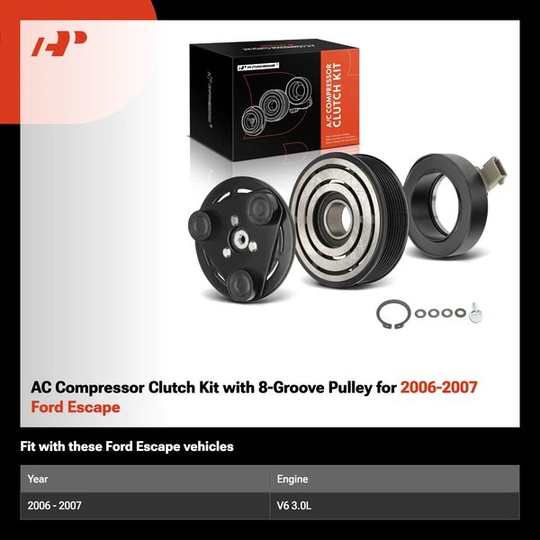 AC Compressor Clutch Kit with 8-Groove Pulley for 2006-2007 Ford Escape