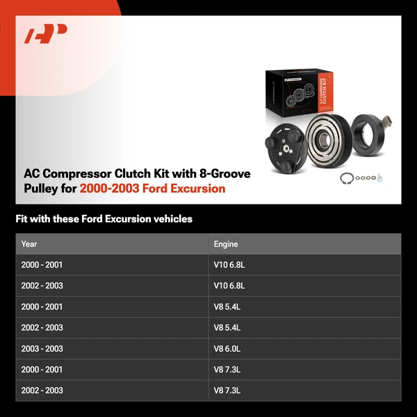 AC Compressor Clutch Kit with 8-Groove Pulley for 2000-2003 Ford Excursion