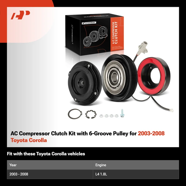 AC Compressor Clutch Kit with 6-Groove Pulley for 2003-2008 Toyota Corolla