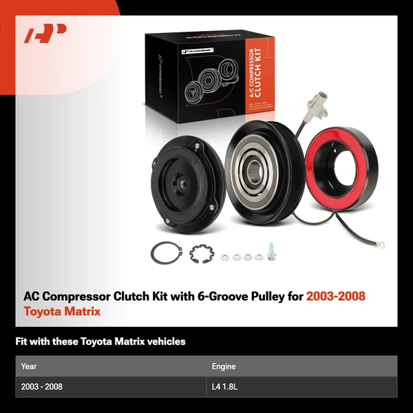AC Compressor Clutch Kit with 6-Groove Pulley for 2003-2008 Toyota Matrix