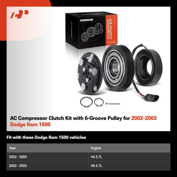 AC Compressor Clutch Kit with 6-Groove Pulley for 2002-2003 Dodge Ram 1500