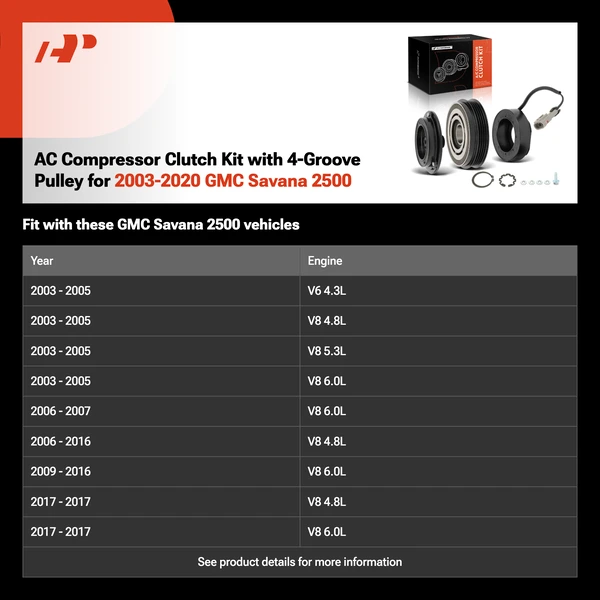 AC Compressor Clutch Kit with 4-Groove Pulley for 2003-2020 GMC Savana 2500