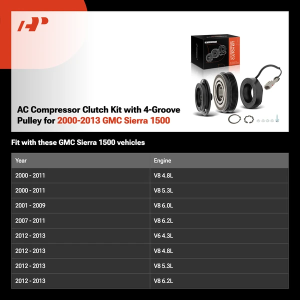 AC Compressor Clutch Kit with 4-Groove Pulley for 2000-2013 GMC Sierra 1500