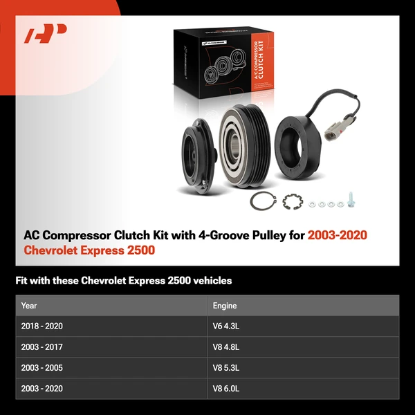 AC Compressor Clutch Kit with 4-Groove Pulley for 2003-2020 Chevrolet Express 2500