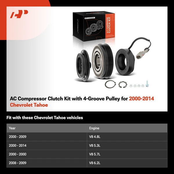 AC Compressor Clutch Kit with 4-Groove Pulley for 2000-2014 Chevrolet Tahoe