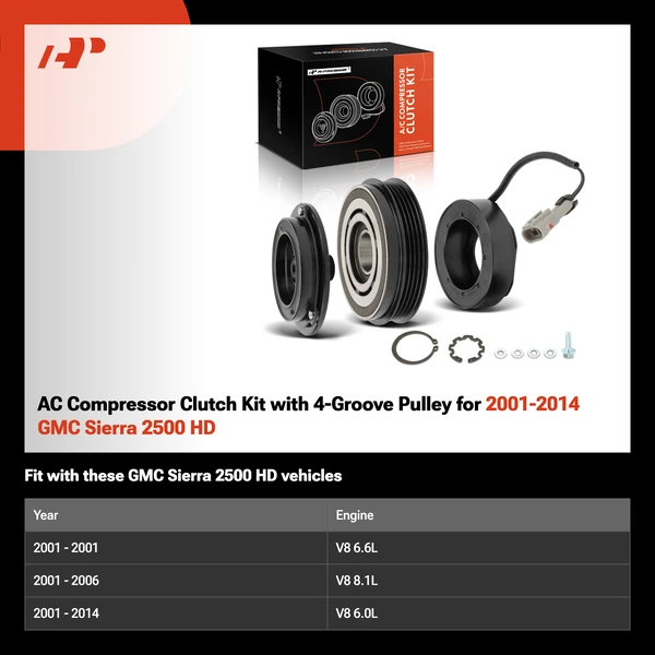 AC Compressor Clutch Kit with 4-Groove Pulley for 2001-2014 GMC Sierra 2500 HD