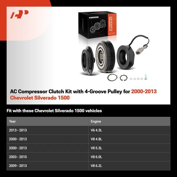 AC Compressor Clutch Kit with 4-Groove Pulley for 2000-2013 Chevrolet Silverado 1500