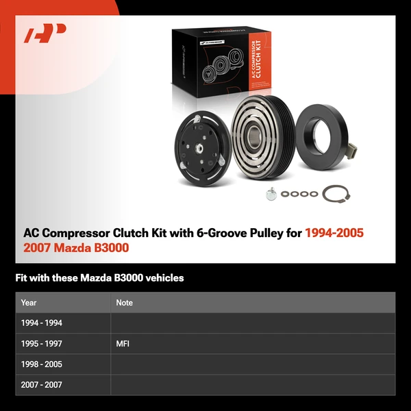 AC Compressor Clutch Kit with 6-Groove Pulley for 1994-2005 2007 Mazda B3000