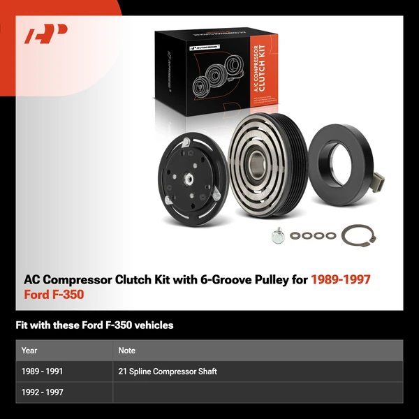 AC Compressor Clutch Kit with 6-Groove Pulley for 1989-1997 Ford F-350