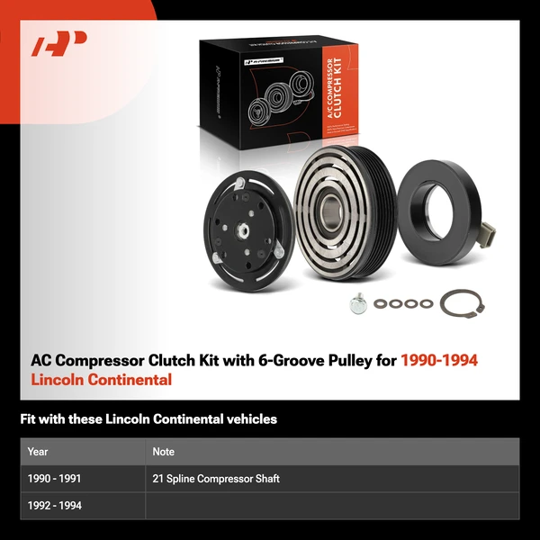 AC Compressor Clutch Kit with 6-Groove Pulley for 1990-1994 Lincoln Continental