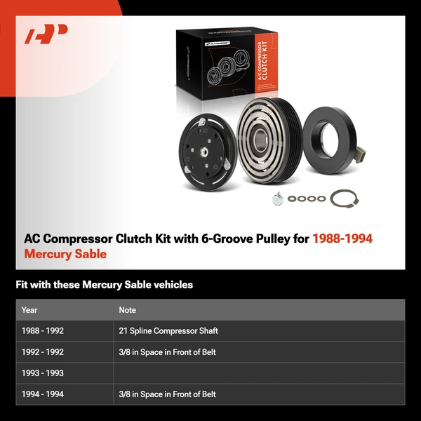 AC Compressor Clutch Kit with 6-Groove Pulley for 1988-1994 Mercury Sable
