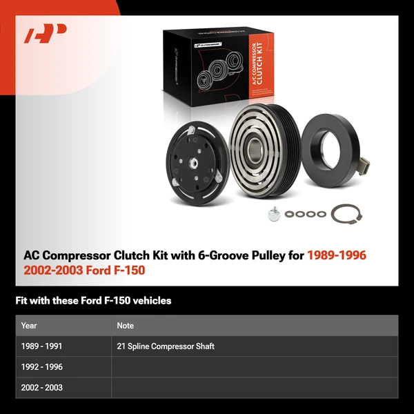AC Compressor Clutch Kit with 6-Groove Pulley for 1989-1996 2002-2003 Ford F-150