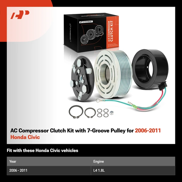 AC Compressor Clutch Kit with 7-Groove Pulley for 2006-2011 Honda Civic