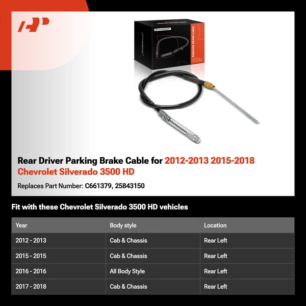 Rear Driver Parking Brake Cable for 2012-2013 2015-2018 Chevrolet Silverado 3500 HD