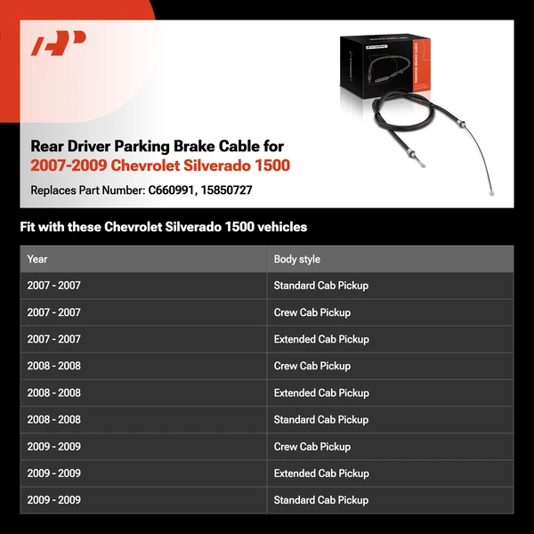 Rear Driver Parking Brake Cable for 2007-2009 Chevrolet Silverado 1500