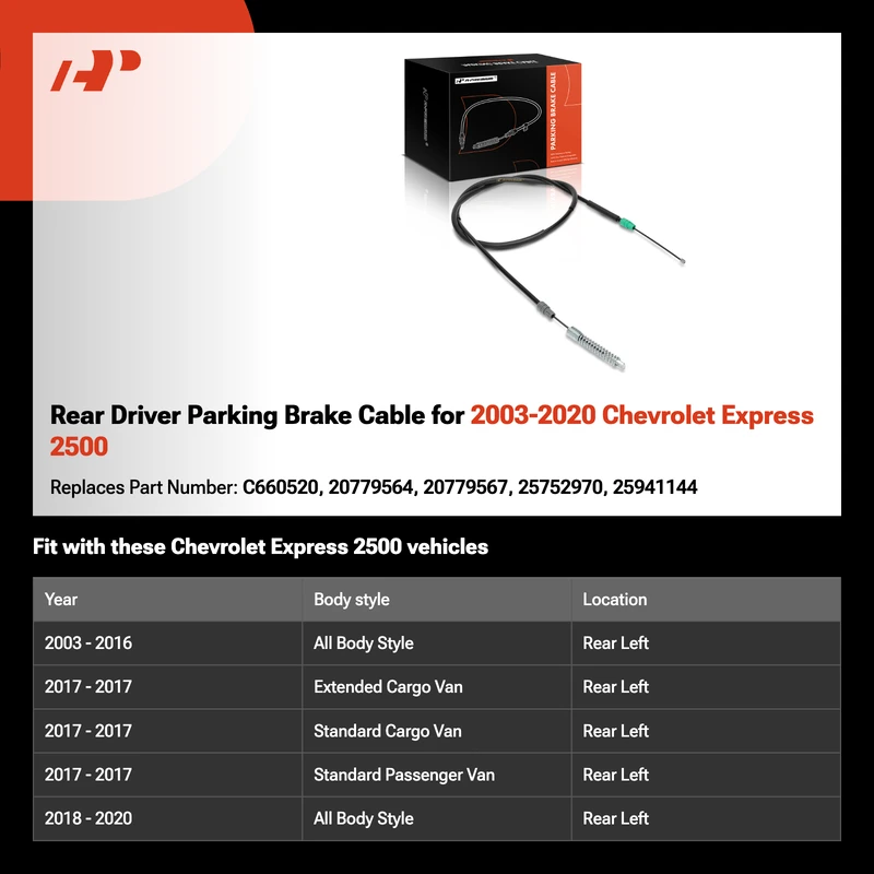 Rear Driver Parking Brake Cable for 2003-2020 Chevrolet Express 2500