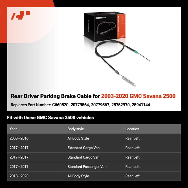Rear Driver Parking Brake Cable for 2003-2020 GMC Savana 2500