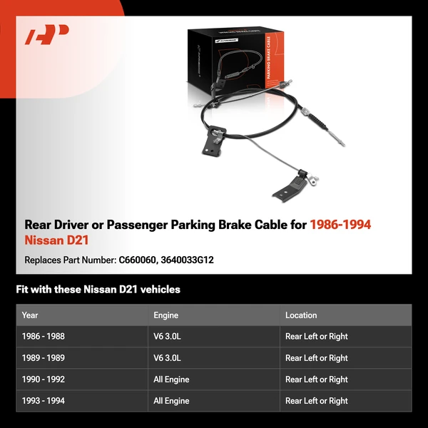 Rear Driver or Passenger Parking Brake Cable for 1986-1994 Nissan D21
