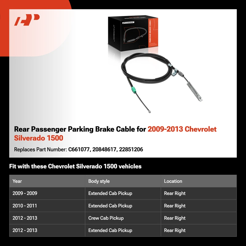 Rear Passenger Parking Brake Cable for 2009-2013 Chevrolet Silverado 1500