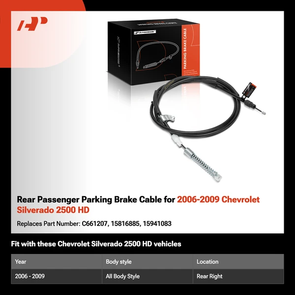 Rear Passenger Parking Brake Cable for 2006-2009 Chevrolet Silverado 2500 HD
