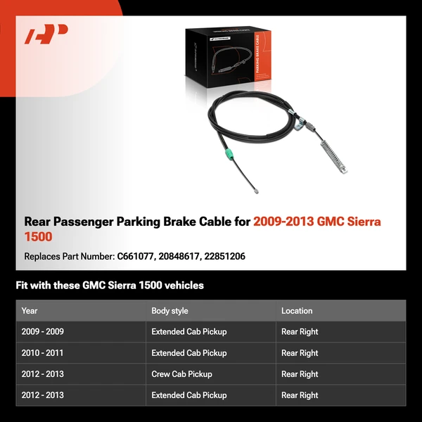 Rear Passenger Parking Brake Cable for 2009-2013 GMC Sierra 1500