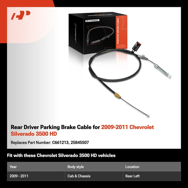 Rear Driver Parking Brake Cable for 2009-2011 Chevrolet Silverado 3500 HD