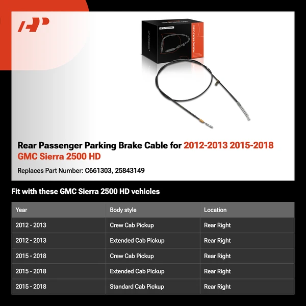 Rear Passenger Parking Brake Cable for 2012-2013 2015-2018 GMC Sierra 2500 HD