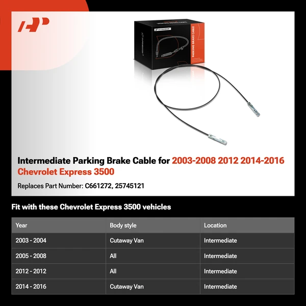 Intermediate Parking Brake Cable for 2003-2008 2012 2014-2016 Chevrolet Express 3500