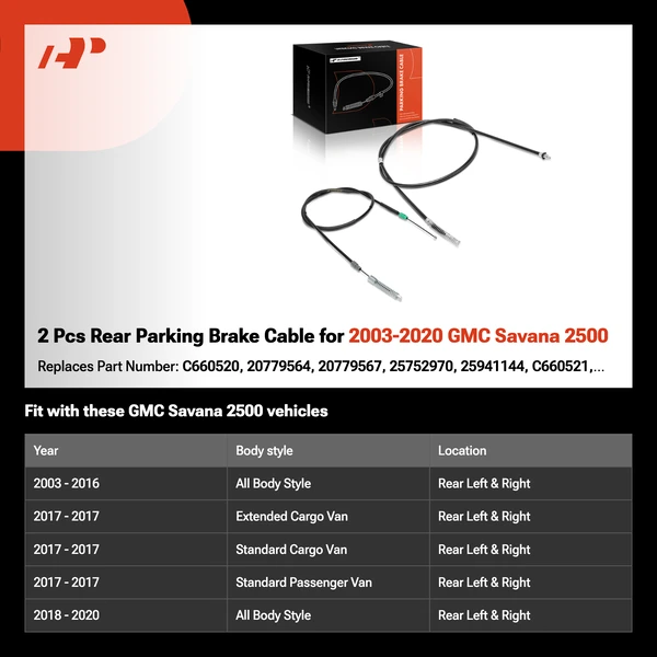 2 Pcs Rear Parking Brake Cable for 2003-2020 GMC Savana 2500
