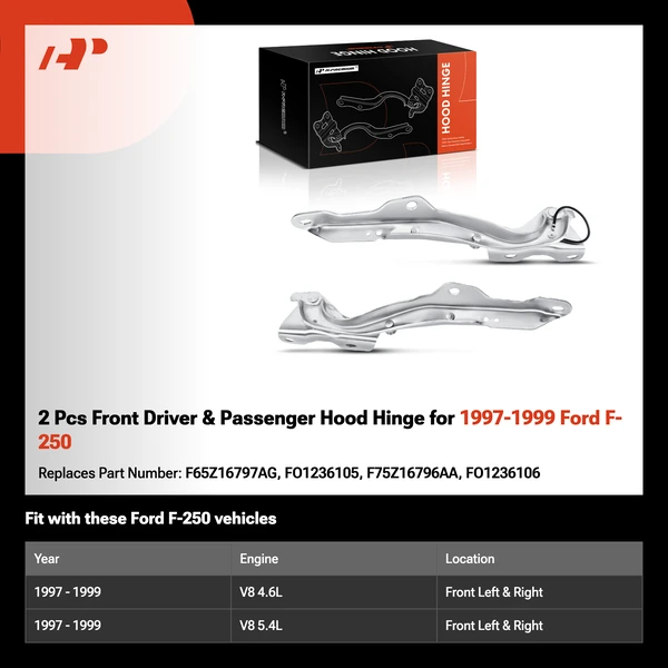 2 Pcs Front Driver & Passenger Hood Hinge for 1997-1999 Ford F-250