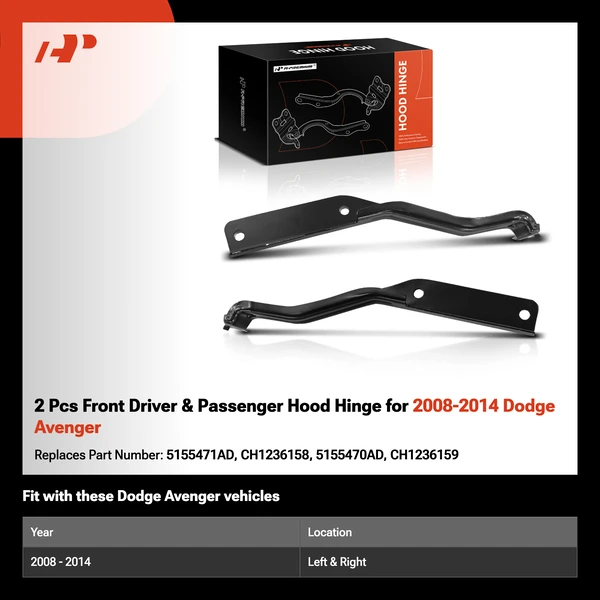 2 Pcs Front Driver & Passenger Hood Hinge for 2008-2014 Dodge Avenger