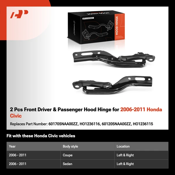 2 Pcs Front Driver & Passenger Hood Hinge for 2006-2011 Honda Civic