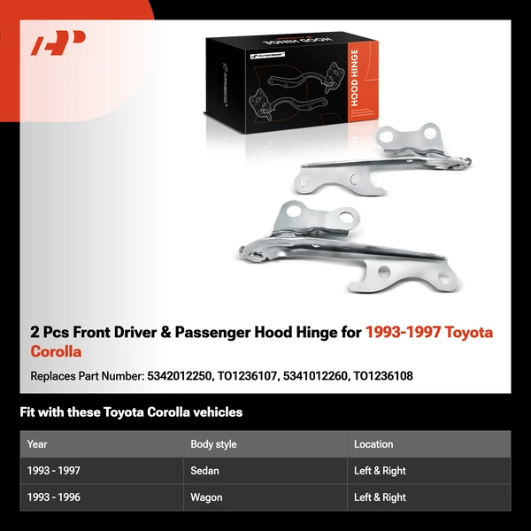 2 Pcs Front Driver & Passenger Hood Hinge for 1993-1997 Toyota Corolla