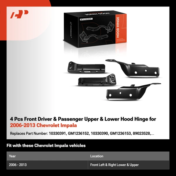 4 Pcs Front Driver & Passenger Upper & Lower Hood Hinge for 2006-2013 Chevrolet Impala