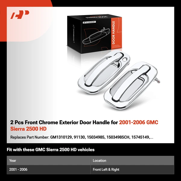 2 Pcs Front Chrome Exterior Door Handle for 2001-2006 GMC Sierra 2500 HD