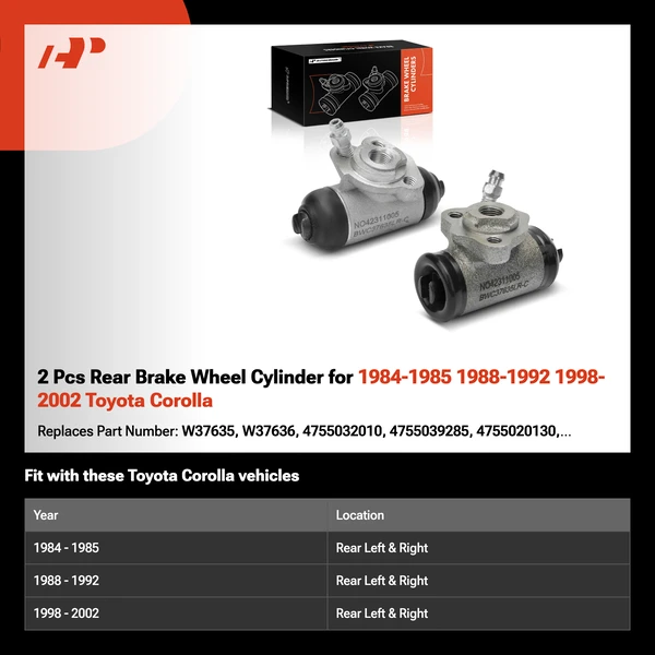 2 Pcs Rear Brake Wheel Cylinder for 1984-1985 1988-1992 1998-2002 Toyota Corolla