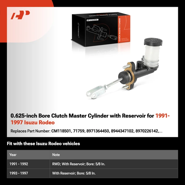 0.625-inch Bore Clutch Master Cylinder with Reservoir for 1991-1997 Isuzu Rodeo