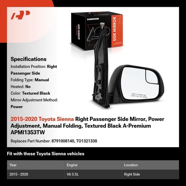 2015-2020 Toyota Sienna Right Passenger Side Mirror, Power Adjustment, Manual Folding, Textured Black A-Premium APMI1353TW