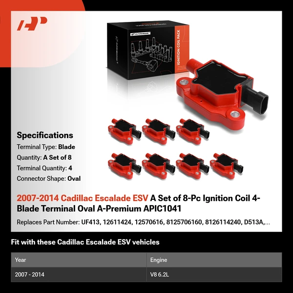 2007-2014 Cadillac Escalade ESV A Set of 8-Pc Ignition Coil 4-Blade Terminal Oval A-Premium APIC1041