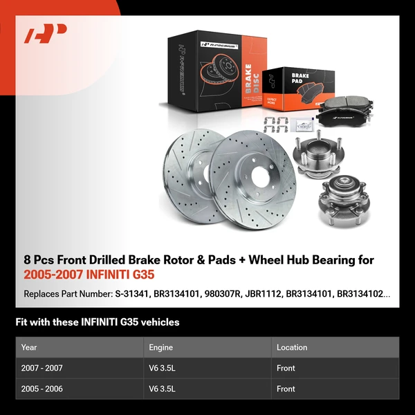 8 Pcs Front Drilled Brake Rotor & Pads + Wheel Hub Bearing for 2005-2007 INFINITI G35