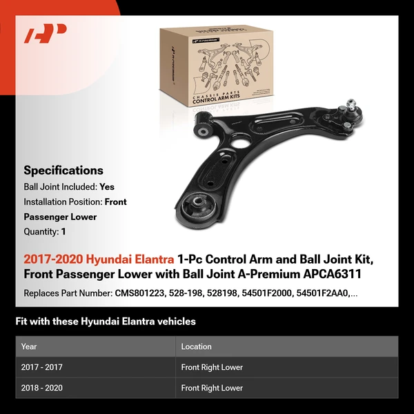 2017-2020 Hyundai Elantra 1-Pc Control Arm and Ball Joint Kit, Front Passenger Lower with Ball Joint A-Premium APCA6311