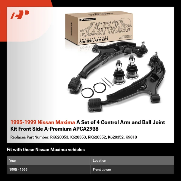 1995-1999 Nissan Maxima A Set of 4 Control Arm and Ball Joint Kit Front Side A-Premium APCA2938