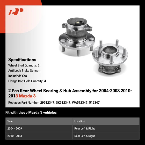 2 Pcs Rear Wheel Bearing & Hub Assembly for 2004-2008 2010-2013 Mazda 3