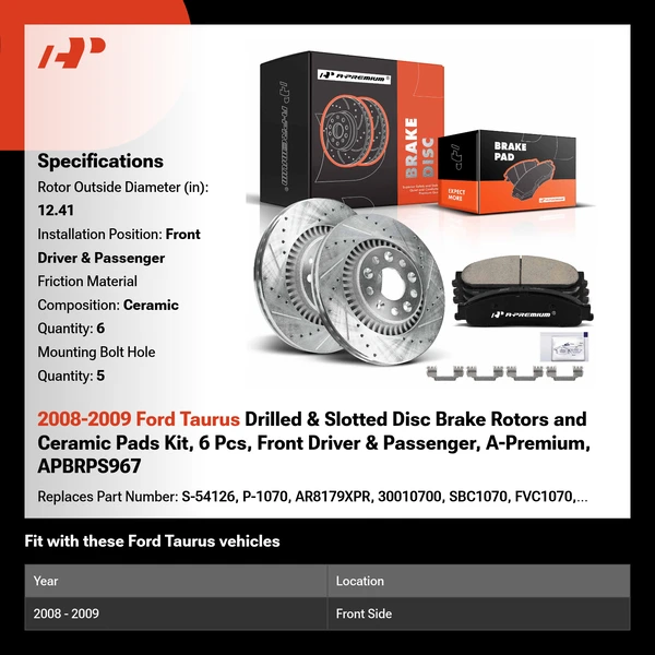 2008-2009 Ford Taurus Drilled & Slotted Disc Brake Rotors and Ceramic Pads Kit, 6 Pcs, Front Driver & Passenger, A-Premium, APBRPS967