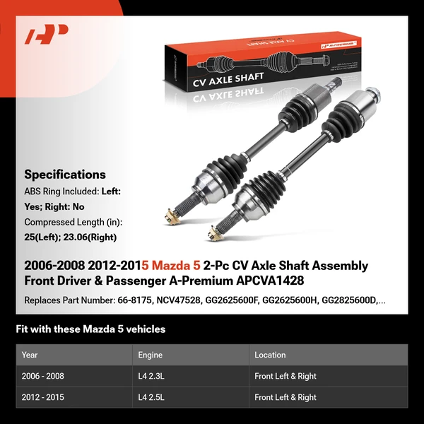 2006-2008 2012-2015 Mazda 5 2-Pc CV Axle Shaft Assembly Front Driver & Passenger A-Premium APCVA1428