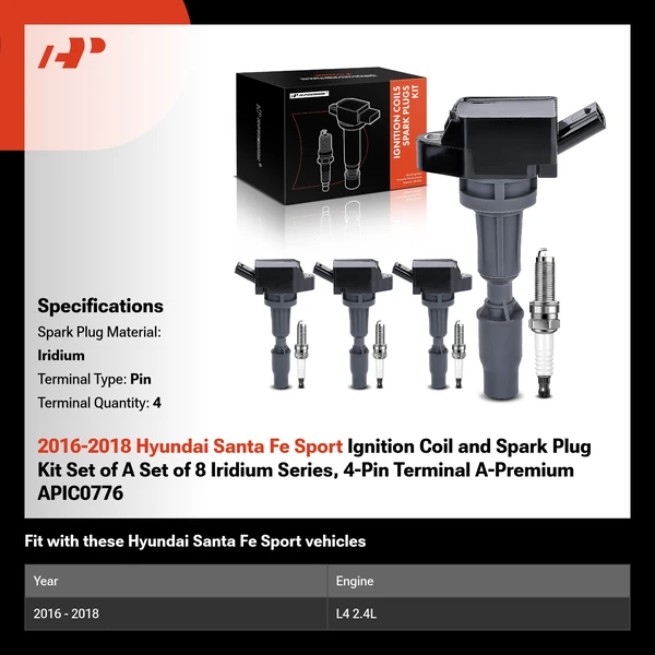 2016-2018 Hyundai Santa Fe Sport Ignition Coil and Spark Plug Kit Set of A Set of 8 Iridium Series, 4-Pin Terminal A-Premium APIC0776