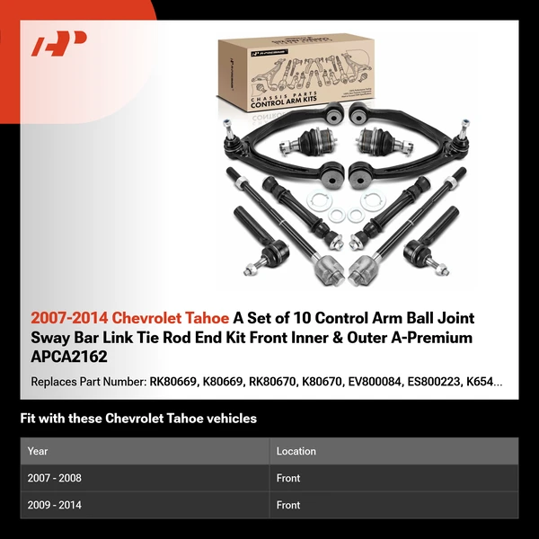 2007-2014 Chevrolet Tahoe A Set of 10 Control Arm Ball Joint Sway Bar Link Tie Rod End Kit Front Inner & Outer A-Premium APCA2162